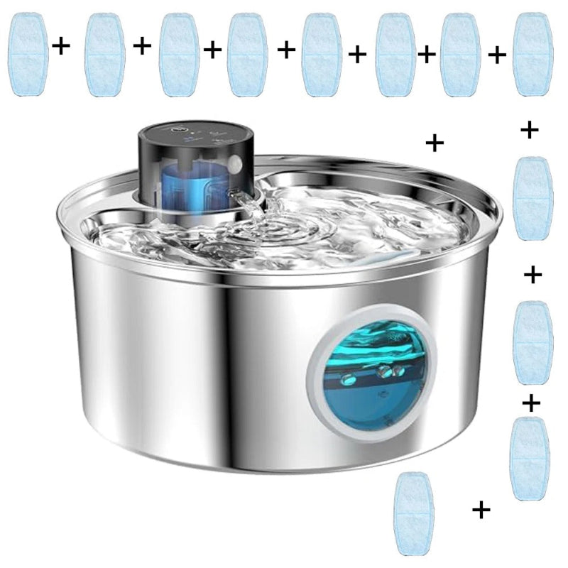 Fontaine a eau pour chat ronde en acier inoxydable avec un cercle frontale qui montre le niveau de l'eau en lumière bleu avec douze filtres.
