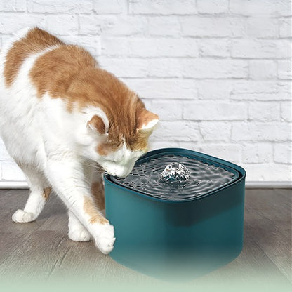 Une fontaine à eau chat en forme carré verte et avec un chat roux avec du blanc sur le ventre en train de boire de cette fontaine.