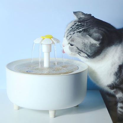 Une fontaine à eau pour chat ronde avec une tête en forme de fleur de marguerite qui fait sortir l'eau de plusieurs directions avec un chat gris qui boit de cette fontaine.