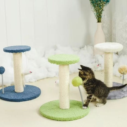 Un chaton gris en train de jouer avec un grattoir chat en forme d'un poteau en sisal avec deux bases vertes, une grande et l'autre en haut, petite avec deux peluches en forme de souri et boule suspendues et deux grattoirs, un gris et un autre bleu dans une pièce de maison.
