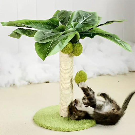 Un chaton qui joue avec des balles en peluche suspendues d'un griffoir à chat en forme de palmier avec une base ronde verte en moquette et des feuilles artificielles en haut.