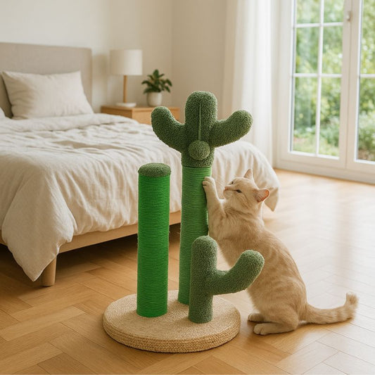 Griffoir chat en forme de cactus avec trois poteaux en sisal, une balle suspendue en peluche et une base marron avec un chat beige qui fait ses griffes dessus dans une chambre à coucher.