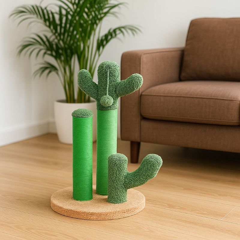Griffoir chat en forme de cactus avec trois poteaux en sisal, une balle suspendue en peluche et une base marron.