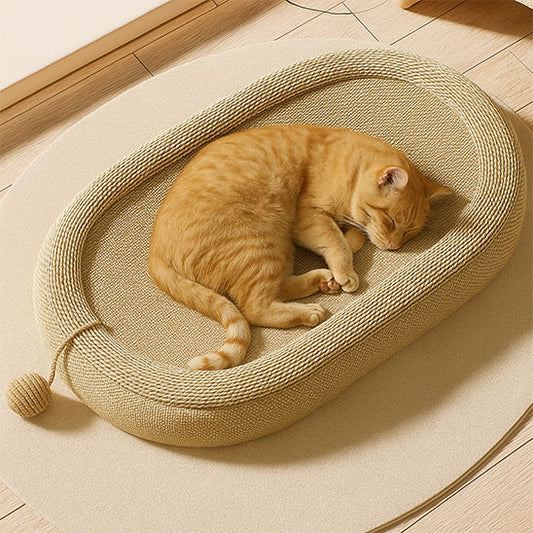 Griffoir chat lit ovale en sisal avec une boule intégrée et un chat beige allongé dessus et un chat roux endormi dessus.