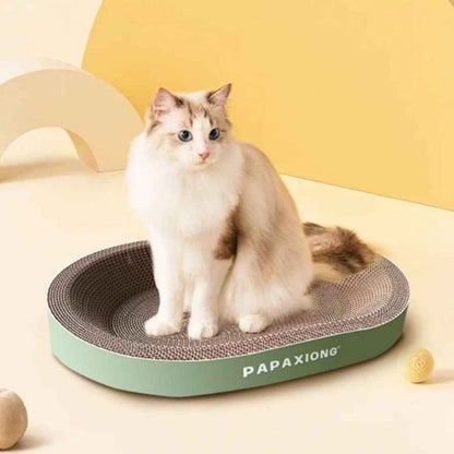 griffoir chat ovale vert avec un chat blanc assis dessus.