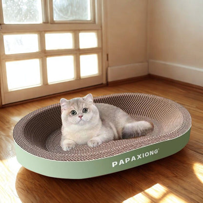 griffoir chat ovale vert avec un chat blanc-gris allongé dedans.