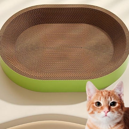 griffoir chat ovale vert avec un chat roux qui regarde à côté.
