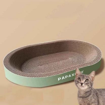 griffoir chat ovale vert avec un chat gris à côté.
