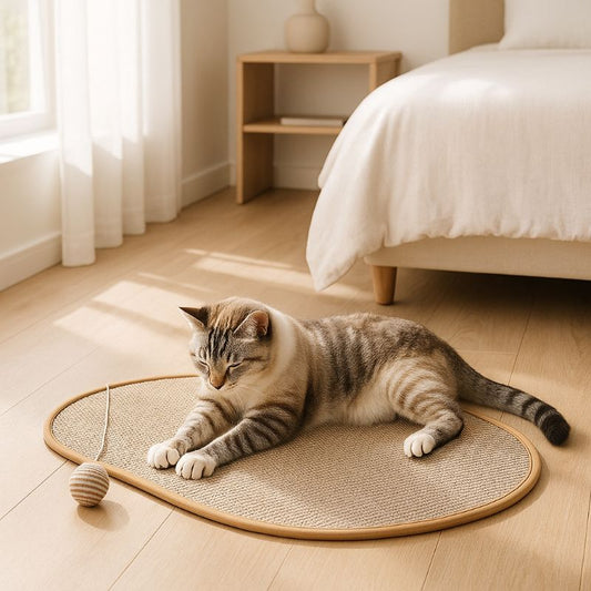 Griffoir chat en sisal et en forme de tapis ovale collé sur le plancher dans une chambre, avec une balle suspendue en sisal et un chat allongé dessus et fait ses griffes.