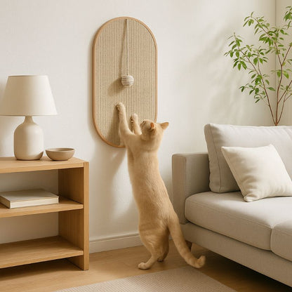 Griffoir chat en sisal et en forme de tapis ovale collé sur un mur de salon, avec une balle suspendue en sisal et un chat debout et fait ses griffes.