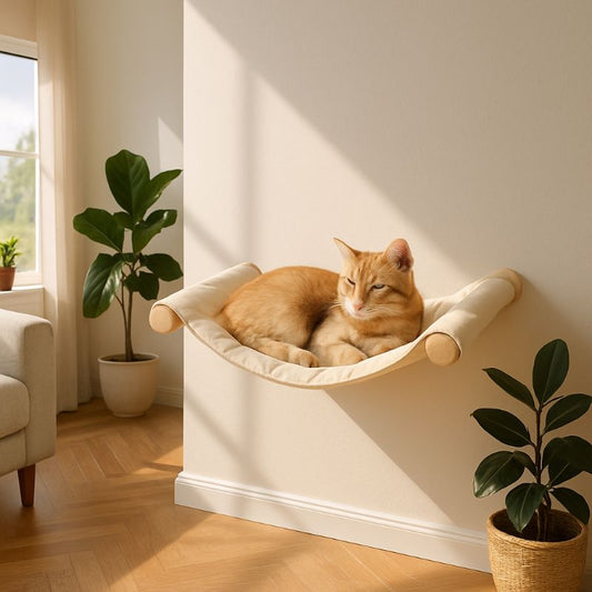 Hamac chat blanc collé au mur dans un salon et un chat roux allongé dessus.