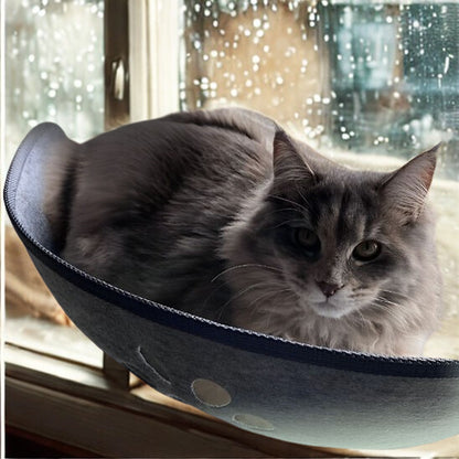 Un maine coon gris allongé sur un hamac chat en feutre gris fixé sur une fenêtre avec des gouttes de pluie.