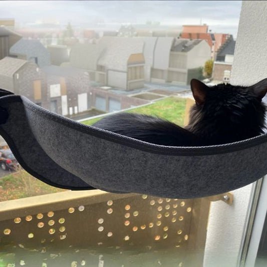 Un chat noir assis de dos sur un hamac chat en feutre gris placé sur une fenêtre avec des ventouses et en attachement un chat allongé sur ce hamac et profite du soleil et une autre image qui montre le hamac et le coussinet intégré.