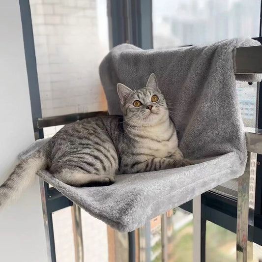 Un chat gris sur un hamac pour chat gris sur un bord d'un balcon et en attachement un chat blanc aussi sur un hamac gris dans un balcon.