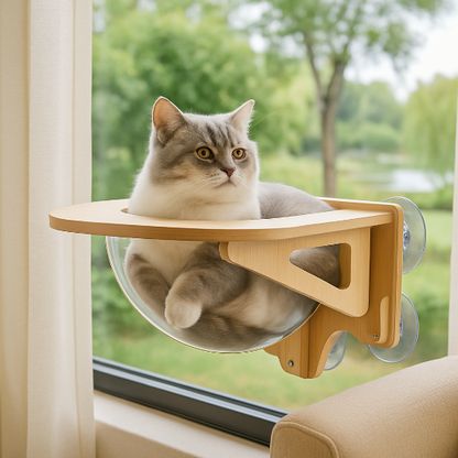 Hamac pour chat fenêtre en forme de capsule collé a une vitre avec des ventouses et un chat gris assis dedans et qui regarde.