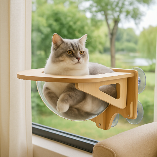 Hamac pour chat fenêtre en forme de capsule collé a une vitre avec des ventouses et un chat gris assis dedans et qui regarde.