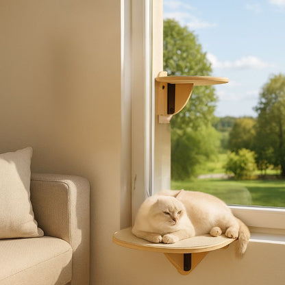 Hamac pour chat fenêtre deux planches et un griffoir colle à une fenêtre avec un chat allonge sur une des planches.