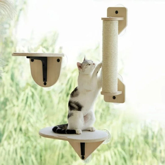 Hamac pour chat fenêtre, deux planches et un griffoir collés à une fenêtre avec un chat qui fait ses griffes.