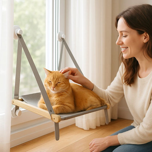 Hamac pour chat fenêtre gris collé sur une fenêtre avec un chat roux allongé dessus et une femme à côté en train de le caresser.