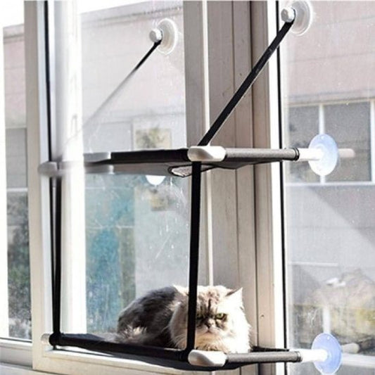 Un persan gris assis sur l'étage du bas d'un hamac pour chat fenetre fixé sur une fenêtre de maison et en attachement un même hamac avec un cornish rex assis dessus et une deuxième image qui montre ce hamac.
