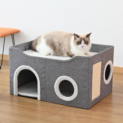 niche à chat cube gris avec griffoir sur le coté et un sacré de birmanie allongé au dessus.