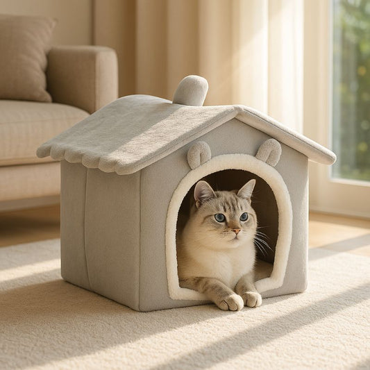 Niche à chat grise en forme de maison avec deux oreilles de chat et un chat gris allongé dedans.