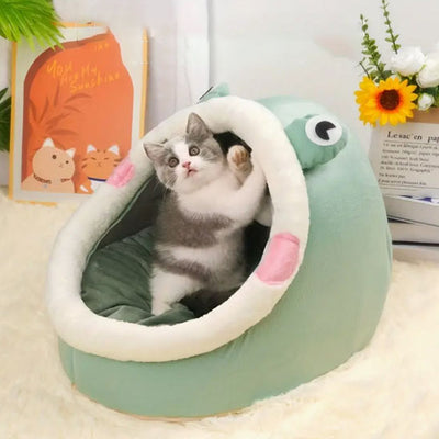 Niche chat en forme de grenouille verte avec-un chat gris-blanc debout dedans.