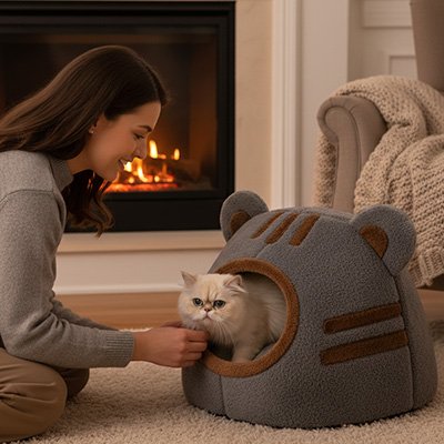 Niche pour Chat en forme de tête d'ours gris avec des traits marrons et un chat dedans.