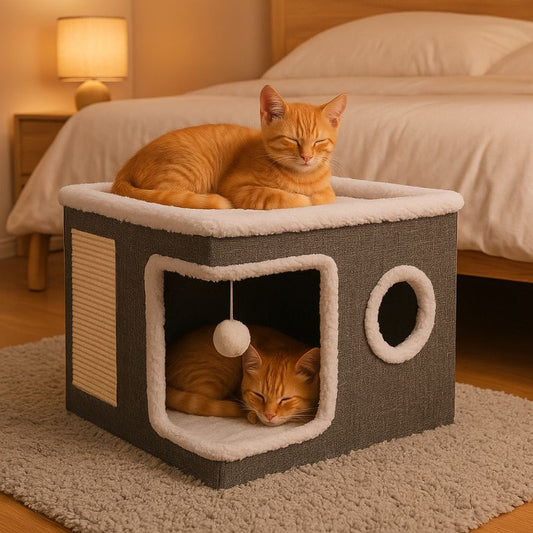 Niche pour chaton en forme de cube grise et blanche avec deux ouvertures, une zone de grattage et boule suspendue avec un chat roux allongé sur la zone en haut et l'autre endormi à l'intérieur.