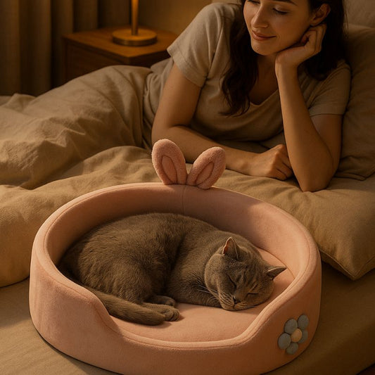 Un panier chat ovale rose avec deux oreilles de lapin et une fleur bleue sur le côté et une petite ouverture en avant et un chat gris endormi dedans sur un lit et une jeune femme assise à côté et regarde son chat avec amour.