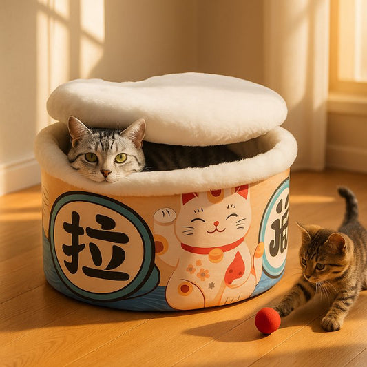 Panier chat en forme de pot chinois avec couvercle, plusieurs motifs et couleurs avec un chat assis dedans et un chaton qui joue avec une balle rouge à côté de ce panier.
