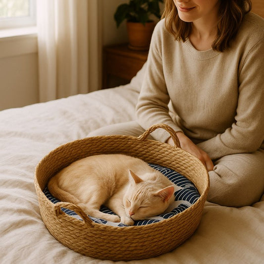 Panier en osier pour chat rond avec un coussin bleu et un chat beige endormi dedans sur un lit et une dame assisse et le regarde avec amour.