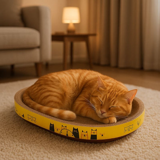 Panier pour chat ovale avec bande jaune avec motifs et un chat roux endormi dessus.